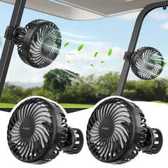 A2C golf cart fan front view showing compact design and blades for focused cooling