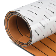 Abahub front view of faux teak sheet showing brown color and black seams for visual appeal