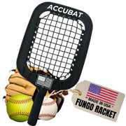 Accubat front view of black racket showing durable frame and consistent launches