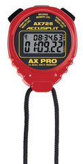 ACCUSPLIT AX725 front view in red showing dual-line display and readable timing