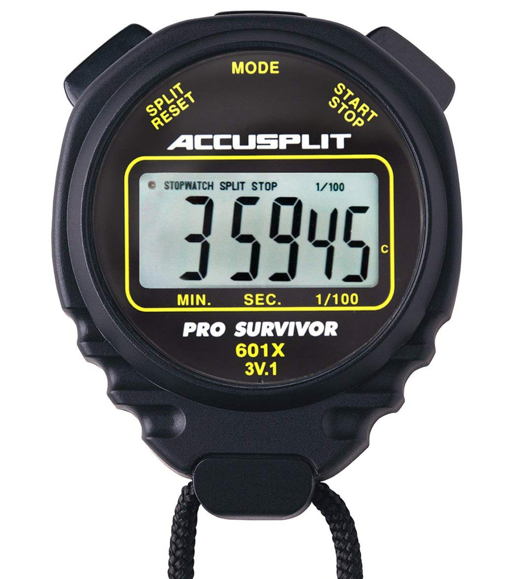 ACCUSPLIT Pro Survivor front view showing display and durable X case for clear timing