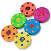 ACE HOCKEY front packaging showing six bright pucks and product benefits