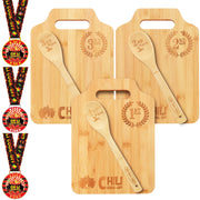 Acellegic front view of full prize set showing medals boards and spoons for display