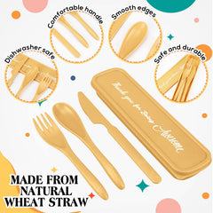 Acellegic wheat straw fork spoon and knife displayed on tabletop demonstrating portability and daily use