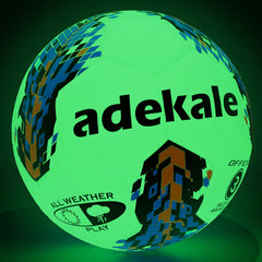 adekale front packaging showing glowing soccer ball and inclusion of pump for easy setup