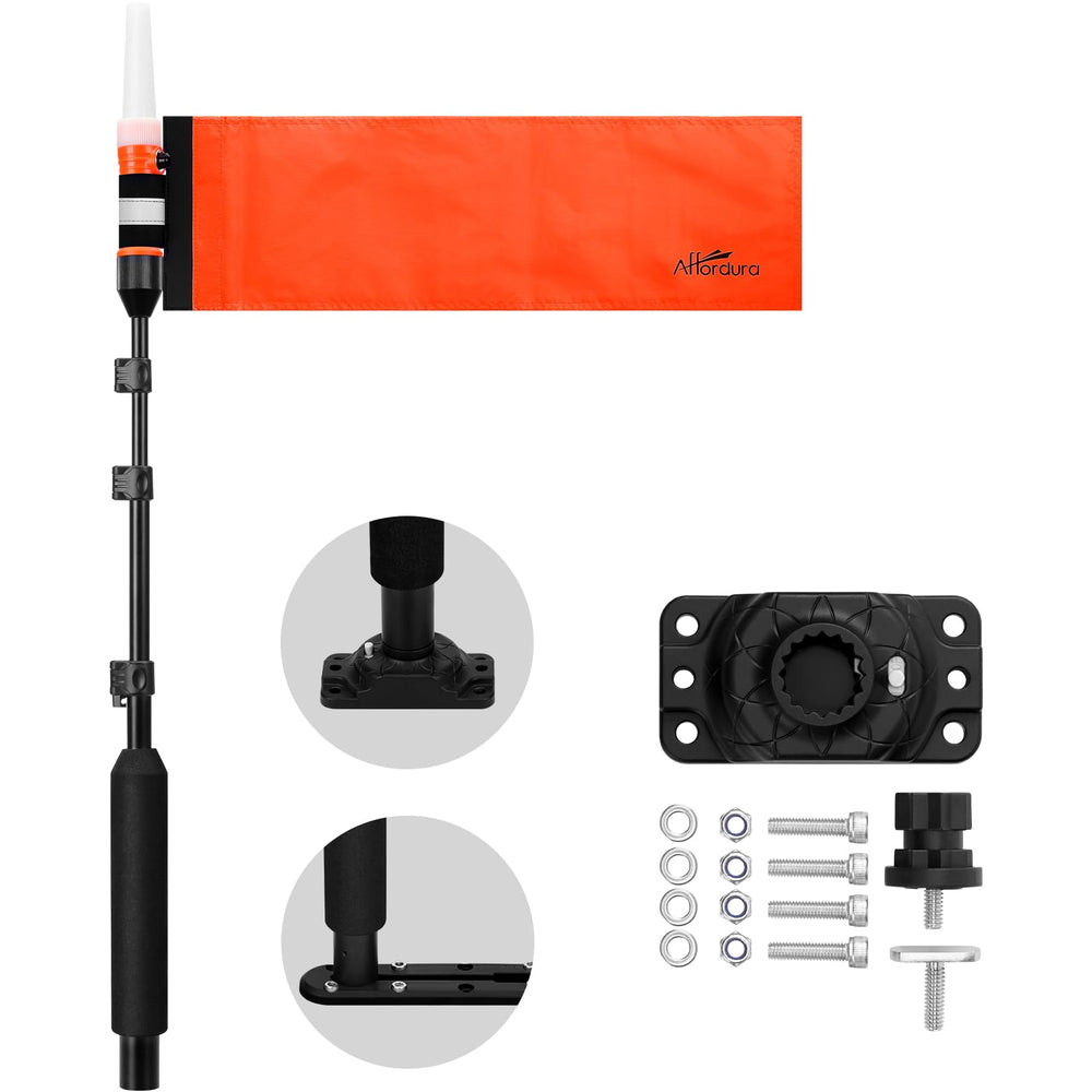 Affordura front view of white LED light and orange flag showing increased visibility