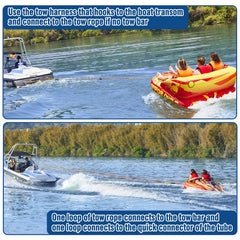 Affordura tow rope in use behind boat showing visible dual-color and stable tow