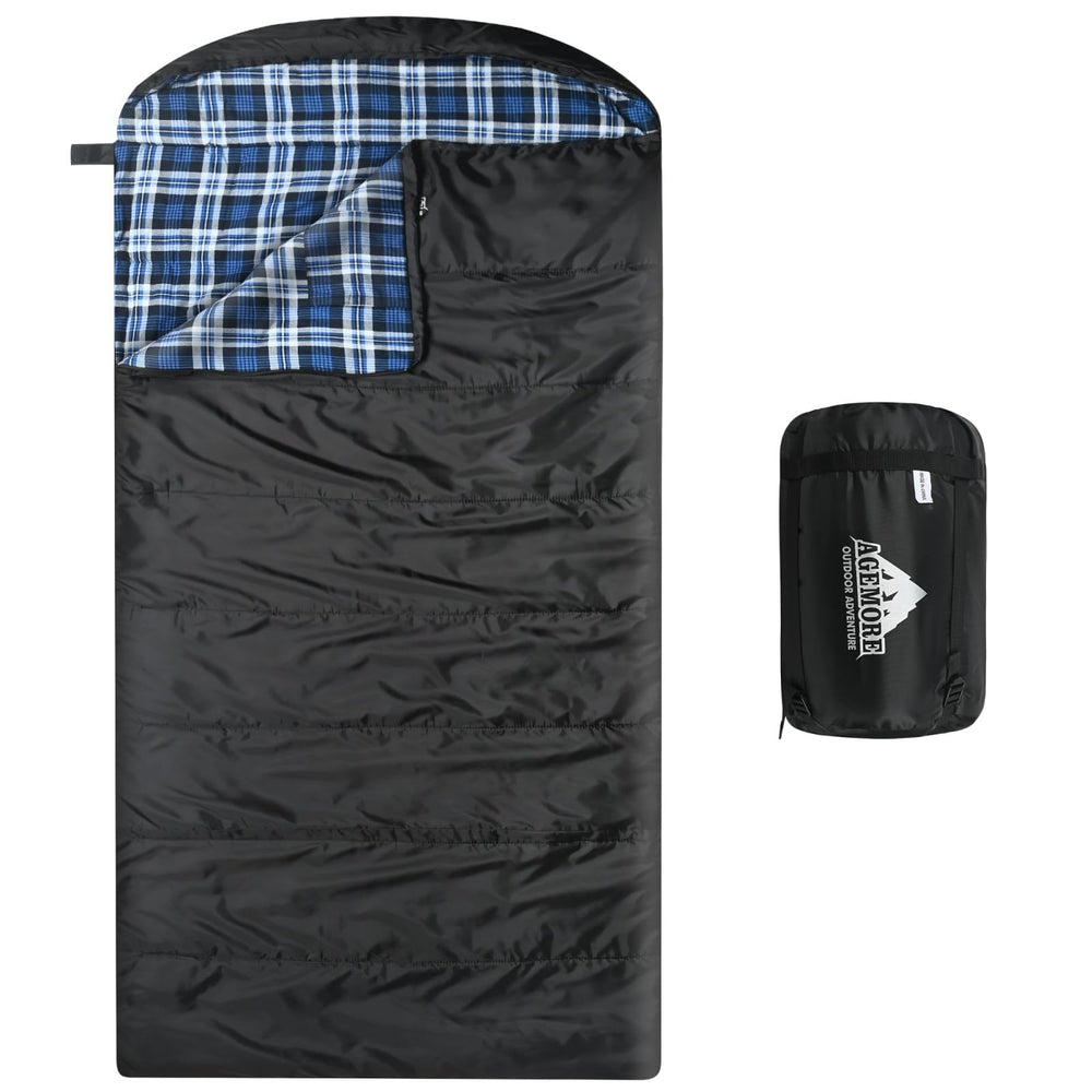 AGEMORE front view of XXL sleeping bag showing roomy fit and hood for comfort