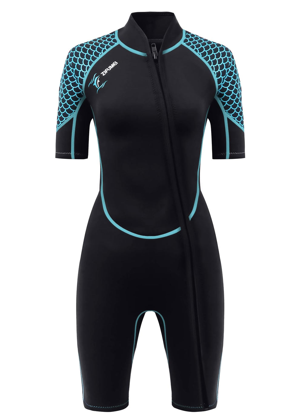 AICARSHI front view shorty wetsuit showing fit and coverage benefit