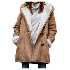 AI'MOURI front view of coat showing warm sherpa lining and classic profile benefit