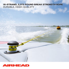 AIRHEAD rope attached to boat bow hardware, secure tow connection benefit