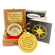 ALADEAN compass front packaging showing boxed gift and polished brass benefit keepsake