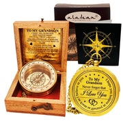ALADEAN brass compass front view showing engraved GOD north, symbolic guidance