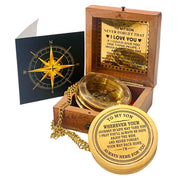 ALADEAN compass front view showing dial and polished brass, offering a timeless keepsake