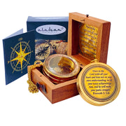 ALADEAN compass front view showing Proverbs engraving and elegant brass finish for meaningful display