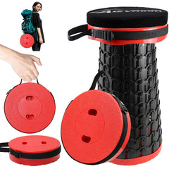 ALEVMOOM front view of folded red stool shows compact portability and quick setup