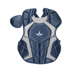 All-Star chest protector detail showing PE plates and adjustable harness for secure fit