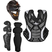 All-Star kit front view showing helmet chest protector leg guards and duffle for organized transport
