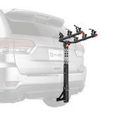 Allen front view of 3-bike hitch rack showing mounted bikes and stable transport