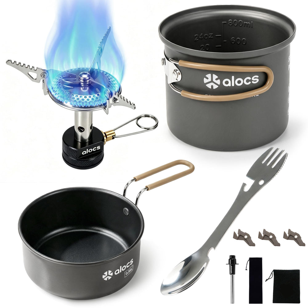 ALOCS front view of full cookware set showing compact organized layout and portability