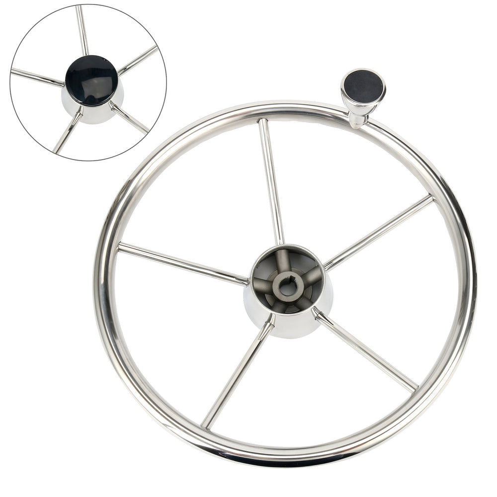 Amarine Made front view of steering wheel showing polished finish and five spokes, enhances helm appearance