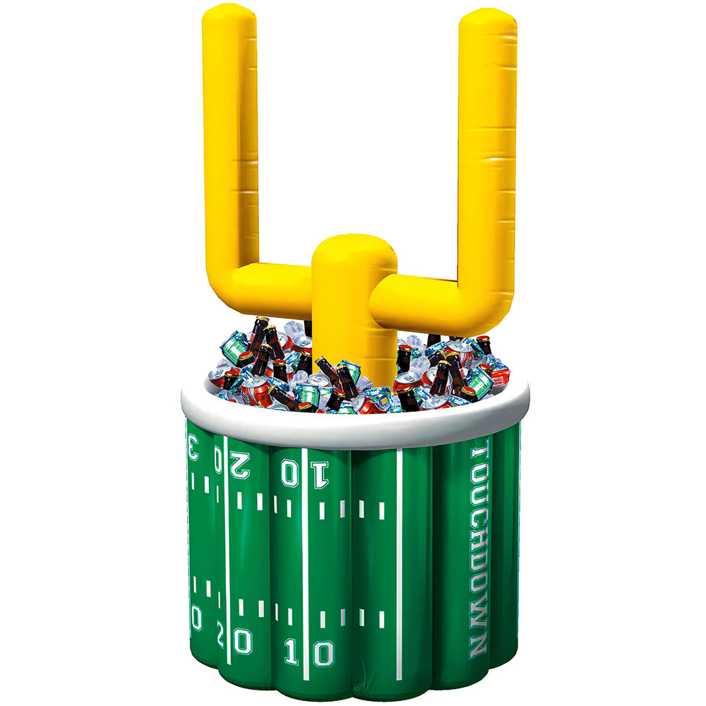 Amscan front view of inflated yellow-green cooler showing capacity and bold team colors for parties