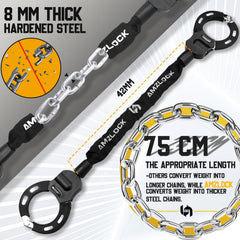 AMZLOCK close-up of alloy-steel chain links, durable cut resistance benefit