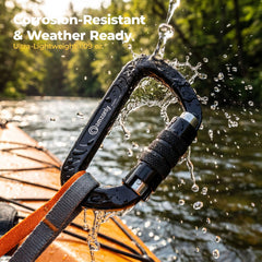 Amzonly carabiner clipped to backpack strap demonstrating reliable gear attachment