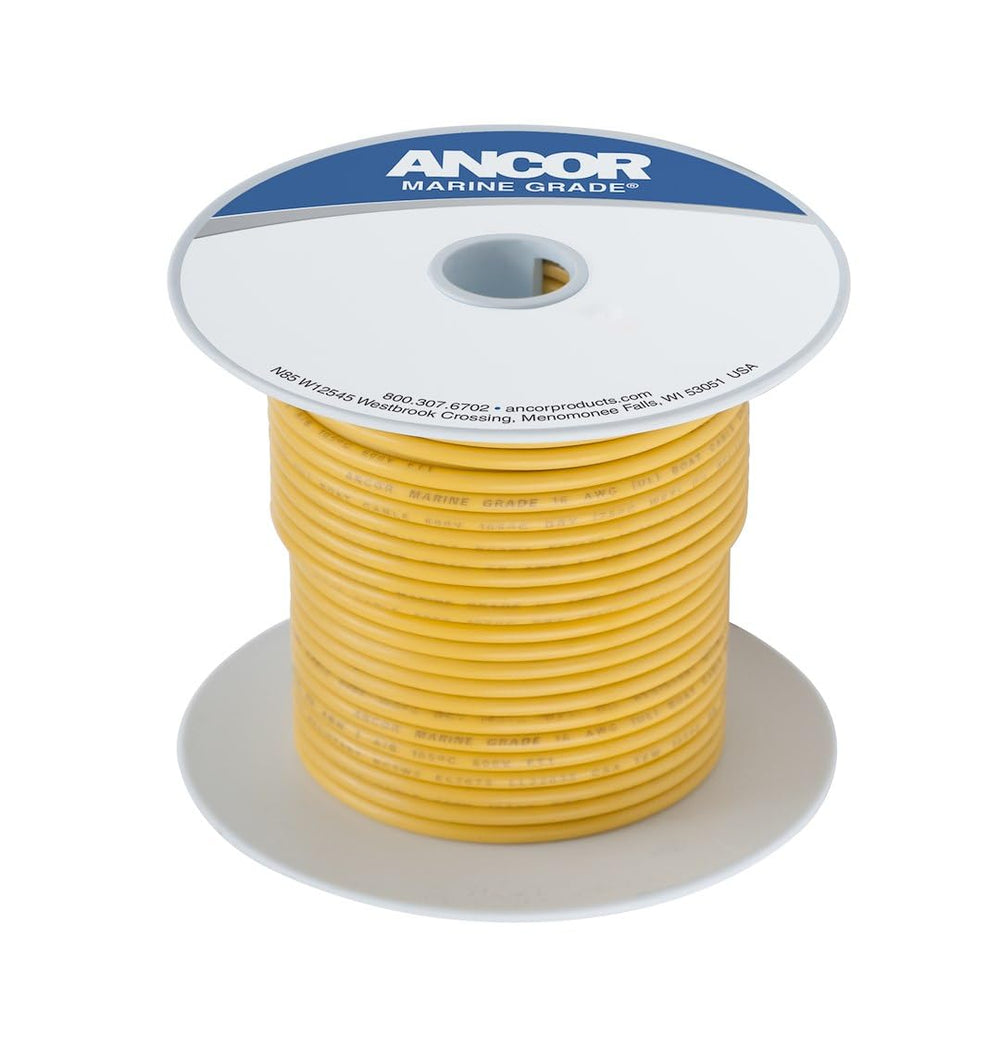 Ancor 16 AWG 100ft roll front label showing yellow jacket and specifications, durable