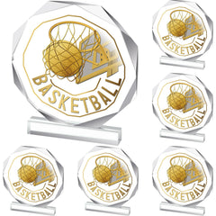 Anglechic front view of six basketball trophies showing cohesive team presentation benefit
