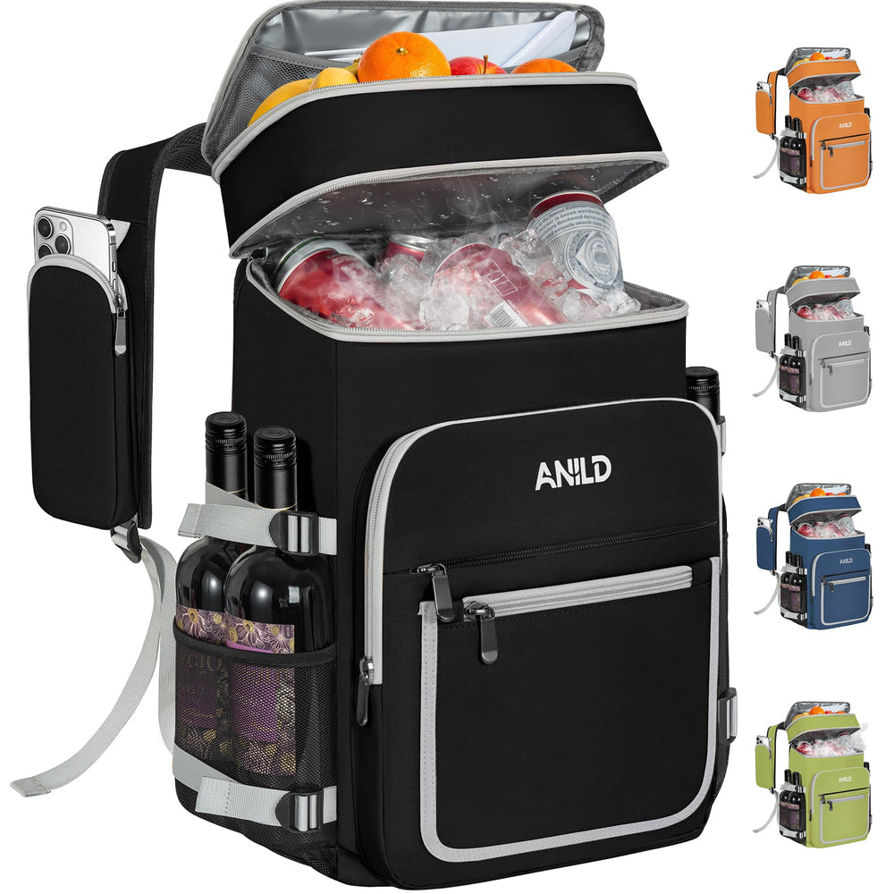 ANILD front view of cooler backpack showing organized pockets and carry straps, convenient storage