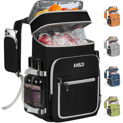 ANILD front view of cooler backpack showing organized pockets and carry straps, convenient storage