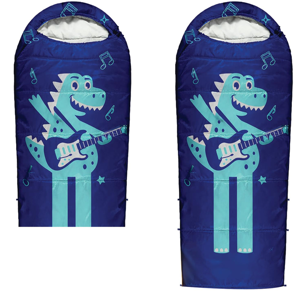 ANJ Outdoors front view closed shows full mummy shape and playful dinosaur design for durable warmth