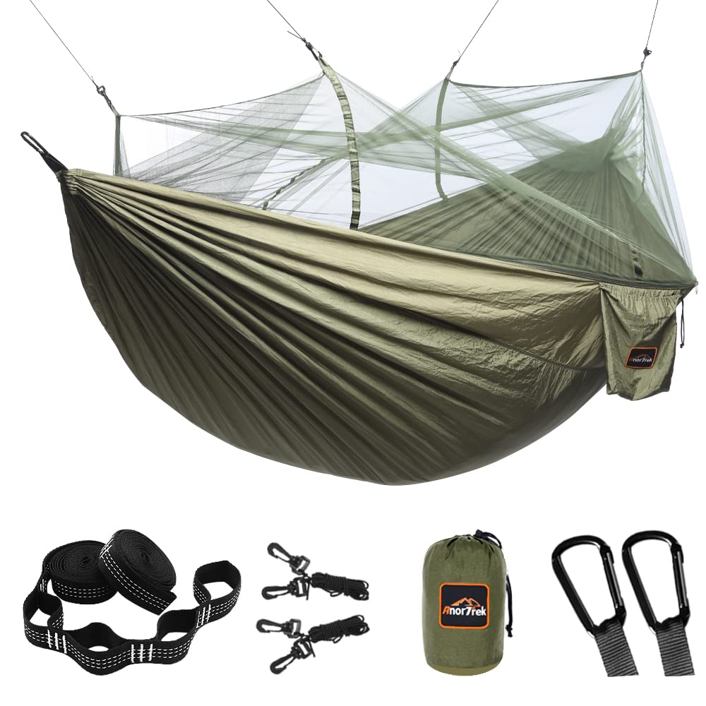 AnorTrek front view showing hammock with mosquito net and compact profile for camping