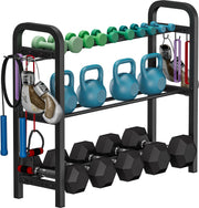 Ansionsol front view full rack showing organized weights and compact footprint benefit