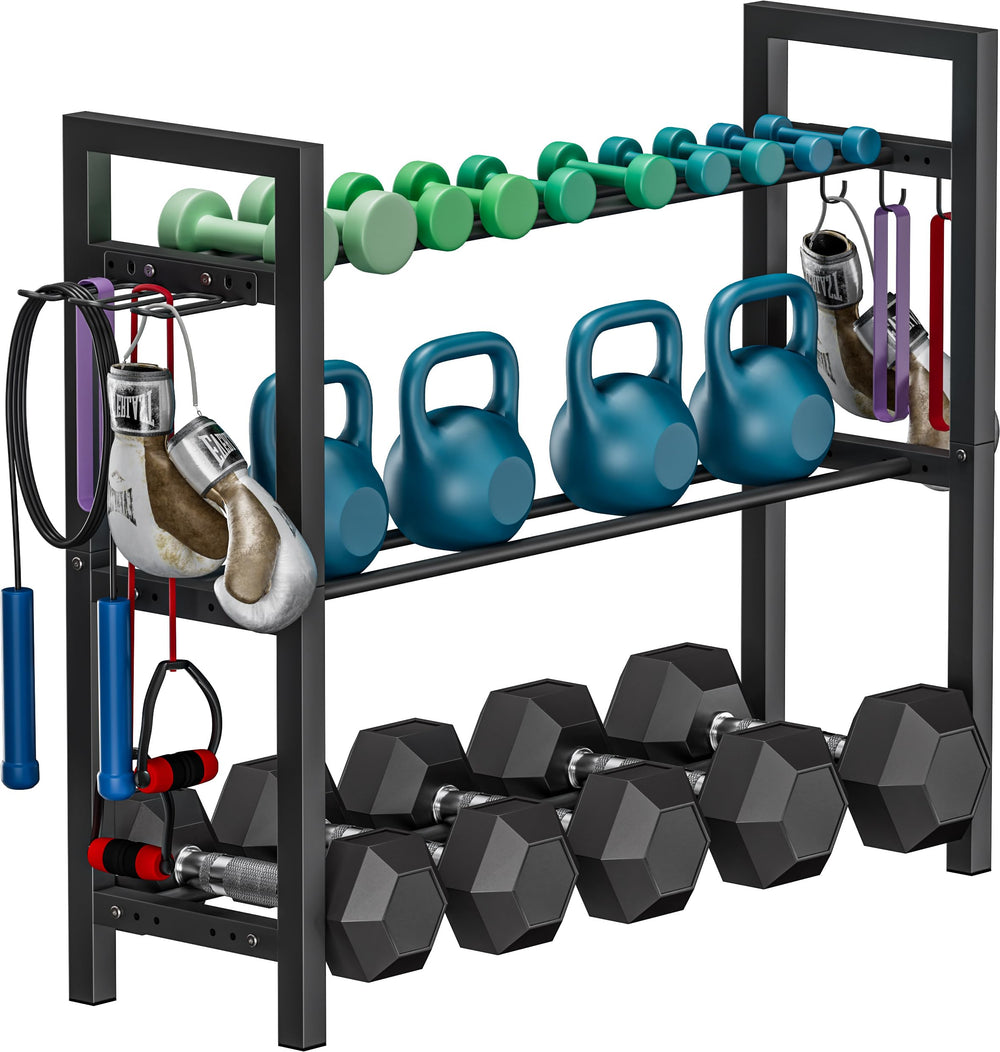 Ansionsol front view of three-tier rack showing tidy organized dumbbells and space-saving benefit