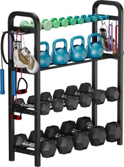 Ansionsol rack front view showing organized dumbbells and space savings