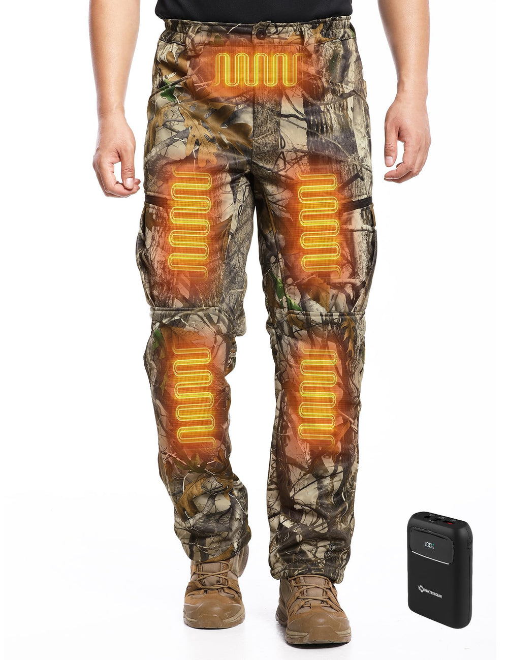 ANTARCTICA GEAR front view of heated pants shows full camouflage and fit benefit