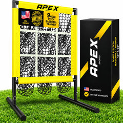 Apex Sports front view of pitching net showing nine-hole strike zone for precise practice