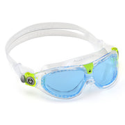 Aqua Sphere front view showing clear blue lens and transparent frame for wide visibility
