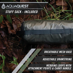 AquaQuest tarp pitched over hammock in forest showing shelter versatility and wind protection