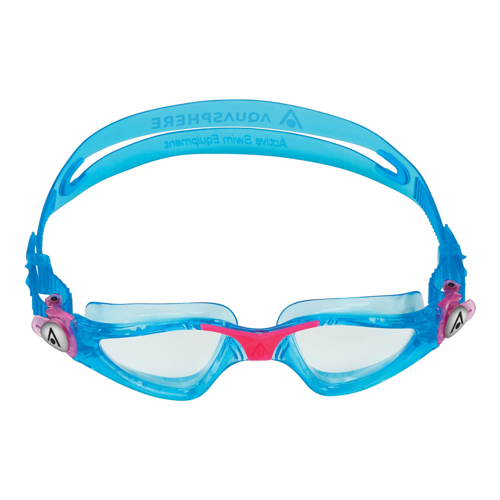 Aqua Sphere Kayenne Junior front view showing clear lens and aqua pink frame for wide vision