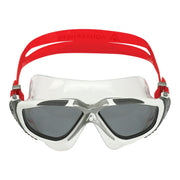 Aqua Sphere front view showing white-red frame and smoke lens for reduced glare