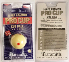 Aramith cue ball front view showing six red dots for visual spin feedback