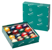 Aramith front view of full ball set showing polished finish and consistent color for reliable play