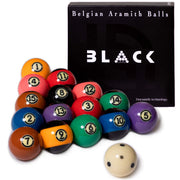 Aramith front packaging showing Tournament BLACK set and clear identification benefit