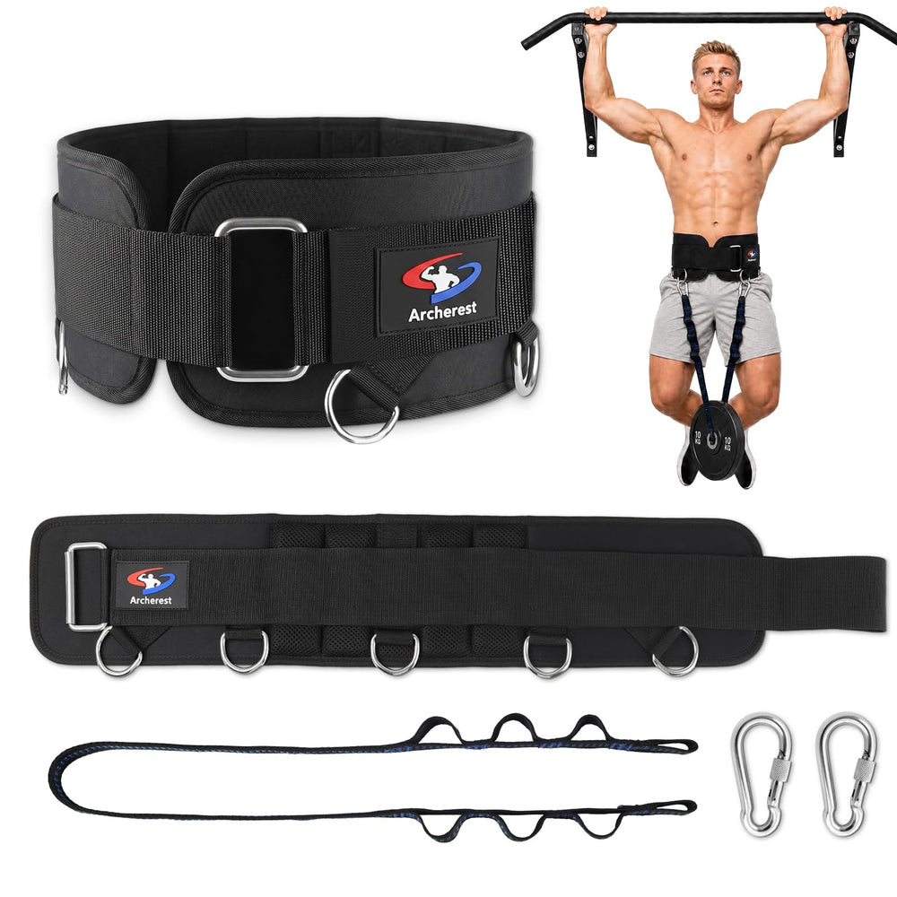 Archerest front view of dip belt showing five D-rings and padded support for stability