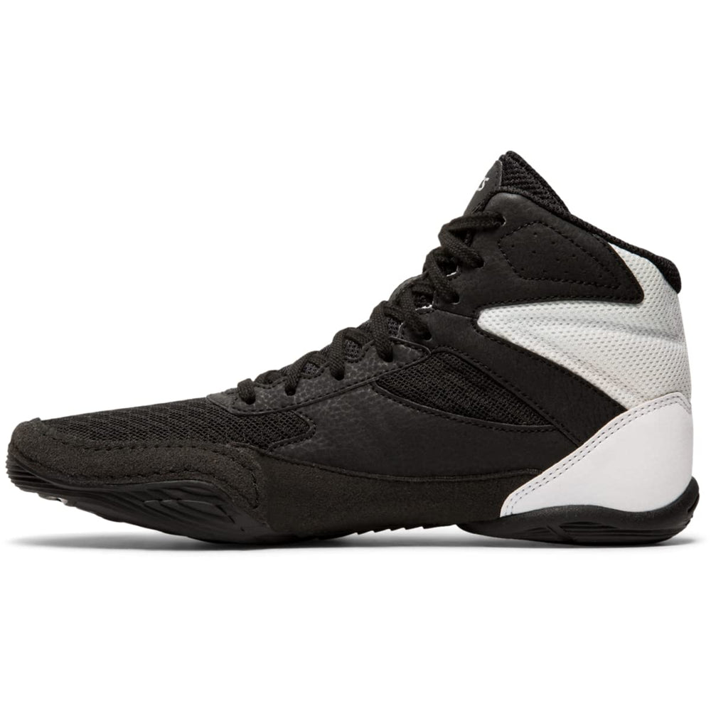 ASICS Matflex 6 GS front profile showing slim fit and neutral black silver design for stability