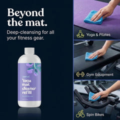 ASUTRA spray being applied to a yoga mat demonstrating easy cleaning