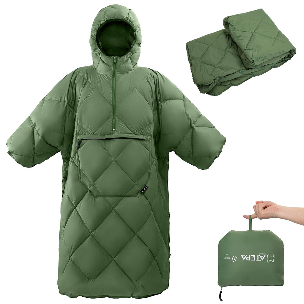 ATEPA blanket poncho front view showing red hooded design and hands-free comfort